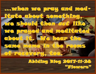 ...when we pray and meditate about something, we should then ACT like we prayed and meditated about it. We hear the same meme in the rooms of recovery, too. #Prayer #ActLikeIt #AbidingBlog2017Flowers
